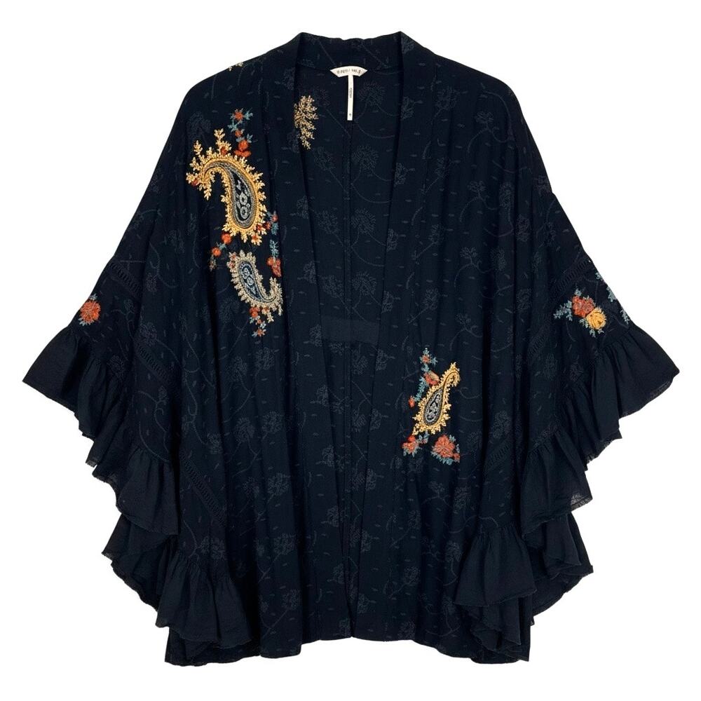 FREE PEOPLE DOTTIE WEST Women's KIMONO STYLE Jacket EMBROIDERED Black BOHO M/L